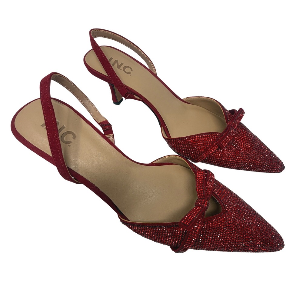 INC Slingback Heels Womens 8M Red Excellent Rhinestone Bow Pointed Toe Pumps